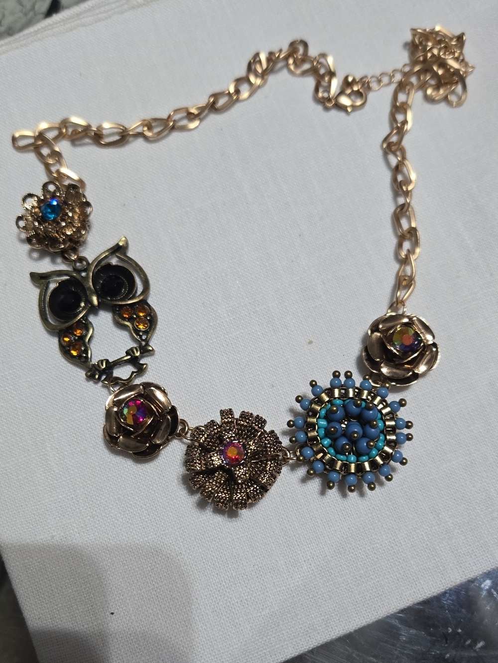 Gold-Tone Owl & Floral Statement Necklace with Turquoise Accents